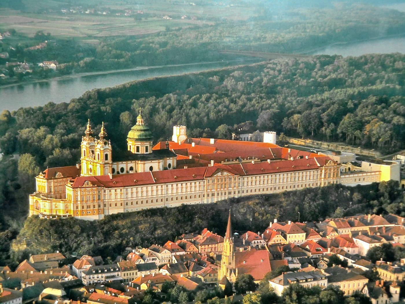 Aerial view of Melk Abbey above the town