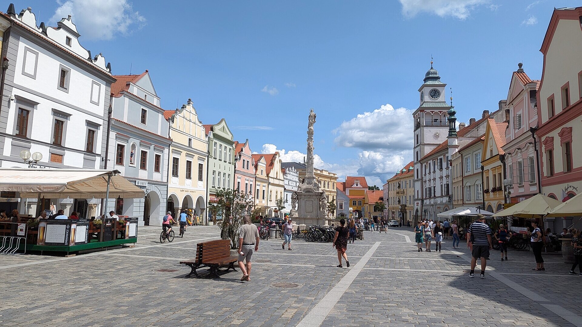 Masaryk Square, Marian column and town hall tower in Třeboň
